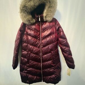 Michael Kors Deep Red Puffer Jacket with Faux Fur Trim